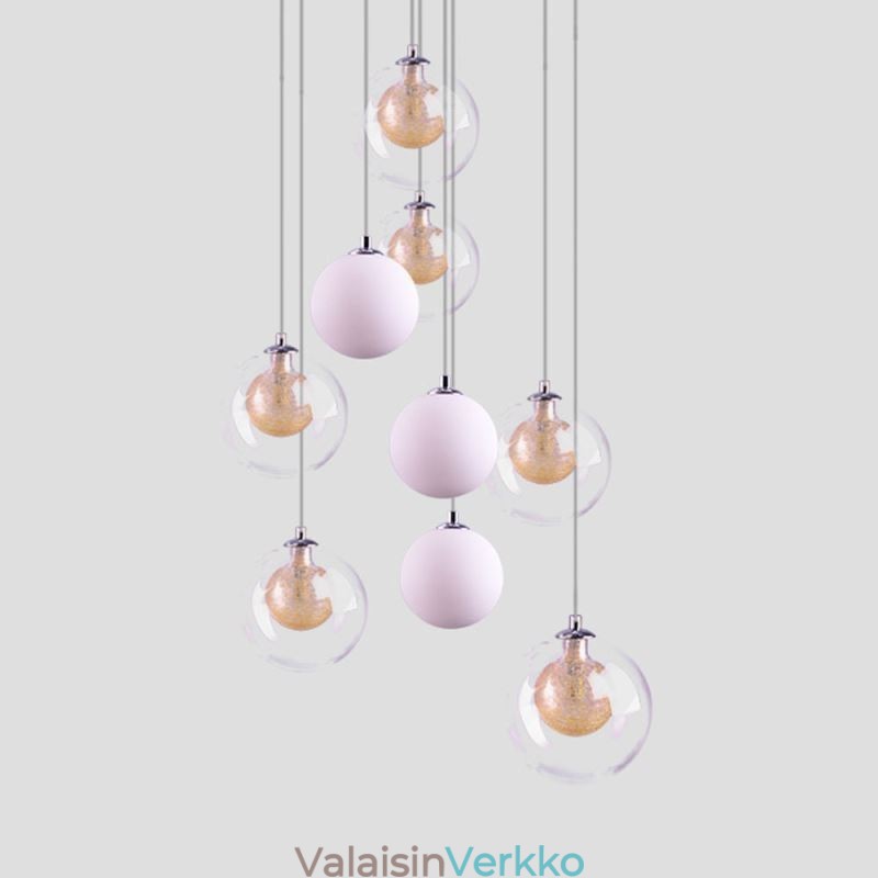 Riippuvalaisin lasiklusteri kattovalo kultainen nikkeliharjattu + maitomainen lasipallo
