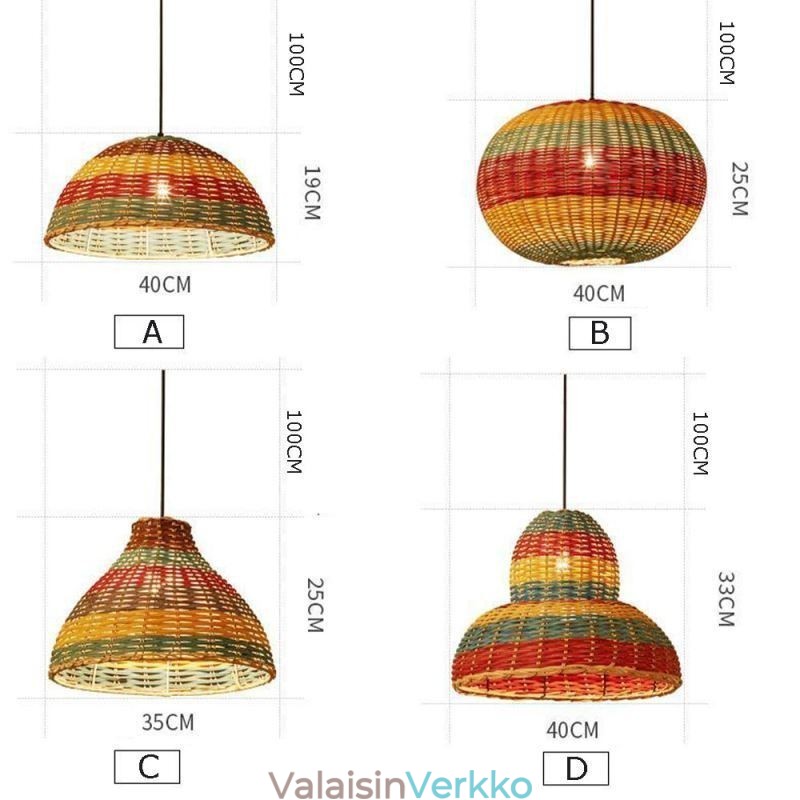 Bambu- ja rottinkiriippuvalaisin värikäs raidallinen intervallikäsin kudottu lampunvarjostin kattovalaisin