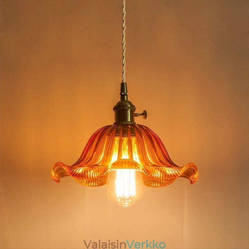 Vintage värikäs uurrettu lasiriippuvalaisin kukkavarjostinlamppu kierrekytkimellä