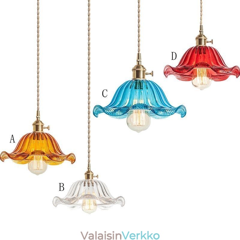 Vintage värikäs uurrettu lasiriippuvalaisin kukkavarjostinlamppu kierrekytkimellä