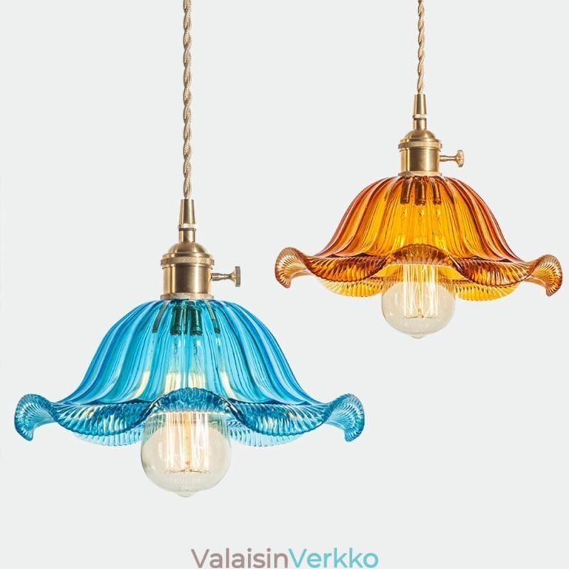 Vintage värikäs uurrettu lasiriippuvalaisin kukkavarjostinlamppu kierrekytkimellä