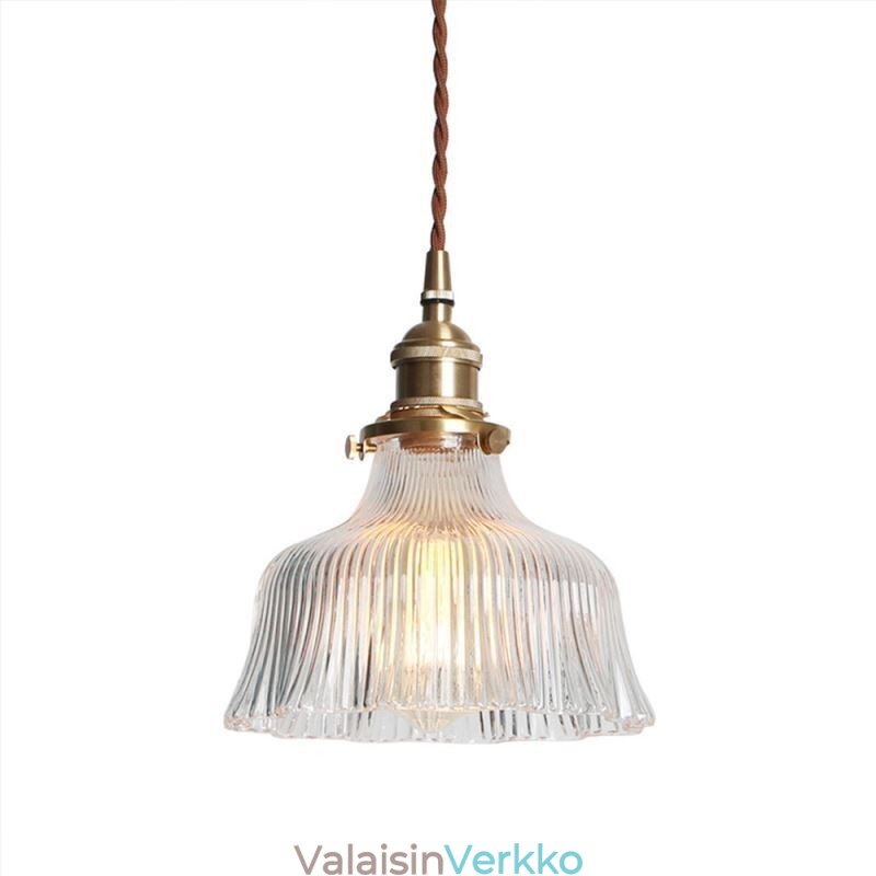Kupu, suuri kirkas uurrettu lasiriippuvalaisin messingisellä pidikkeellä