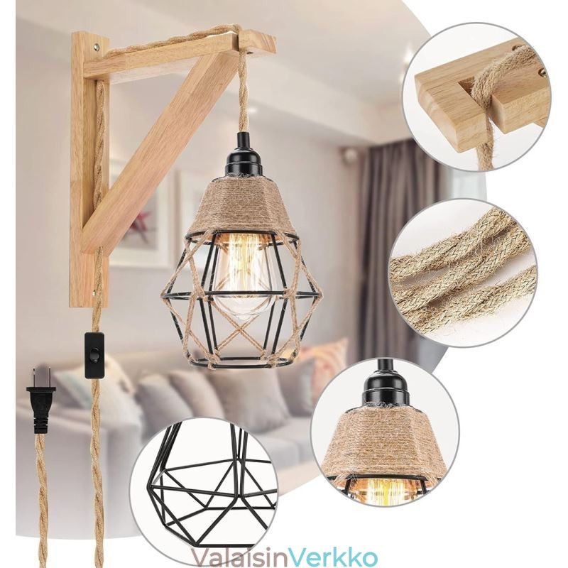 Hamppuköysirautataideseinävalaisin Amerikkalainen pastoraalinen retro-seinävalaisin pistokkeella