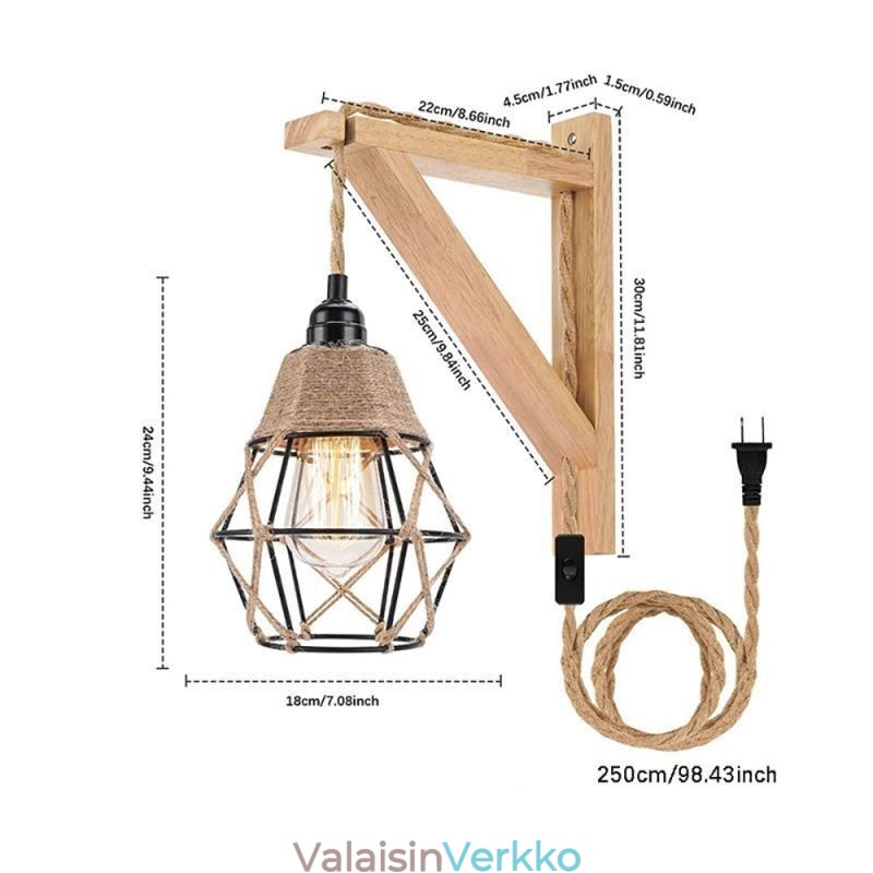 Hamppuköysirautataideseinävalaisin Amerikkalainen pastoraalinen retro-seinävalaisin pistokkeella