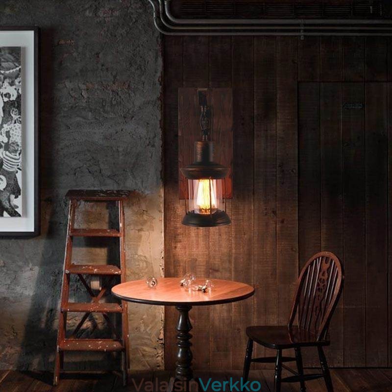 Amerikkalainen vintage-seinävalaisin Teollinen LOFT-seinävalaisin massiivipuusta lasivalaisin