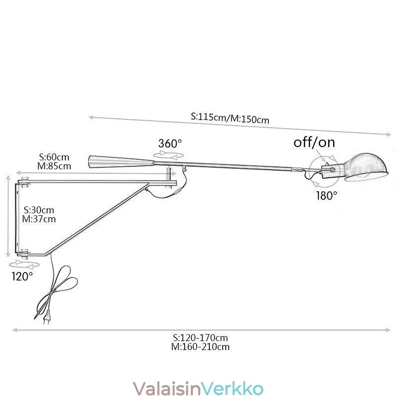 Yhden keinuvarren seinävalaisin sängyn äärellä oleva lukulamppu