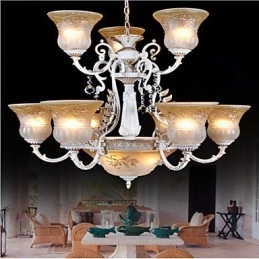 Valkoinen kattokruunu Twelve Lights Pattern Lasivarjostin Käsinkullattu European Retro Classic