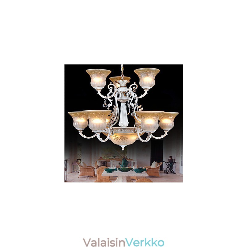 Valkoinen kattokruunu Twelve Lights Pattern Lasivarjostin Käsinkullattu European Retro Classic
