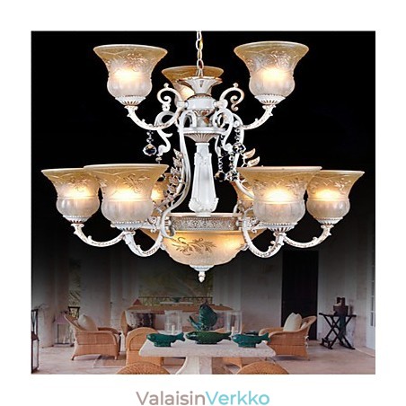 Valkoinen kattokruunu Twelve Lights Pattern Lasivarjostin Käsinkullattu European Retro Classic